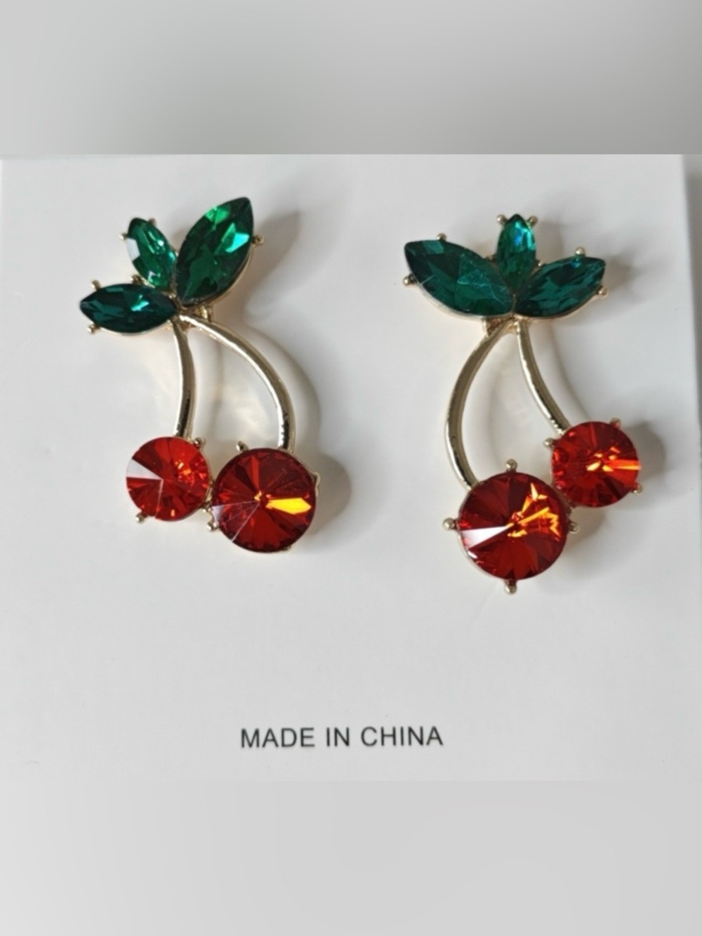 Gold Cherry Dangle Earrings with Red and Green Crystals NEW
